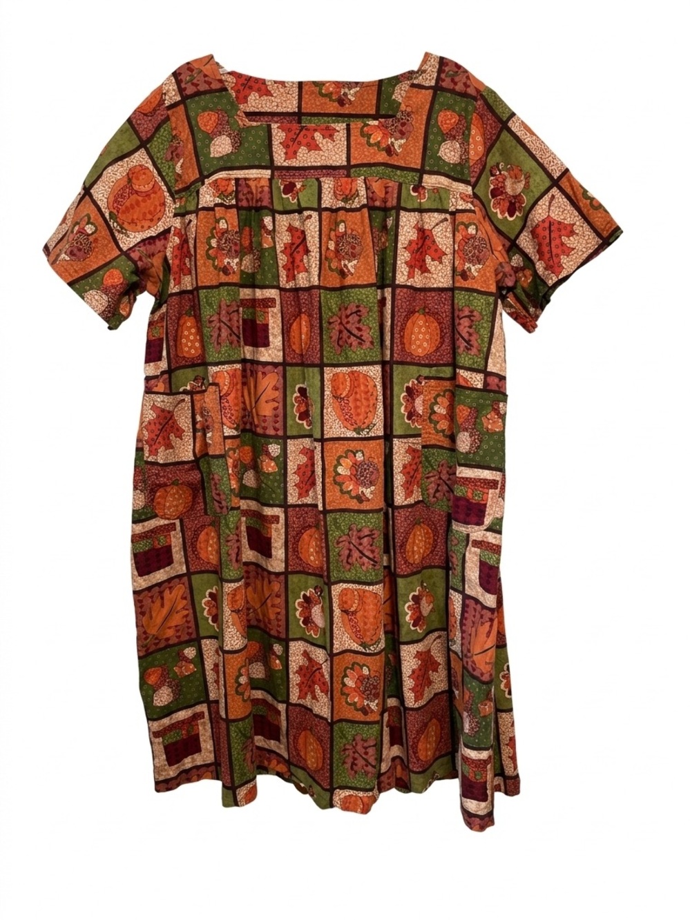Vintage Autumn Patchwork Muumuu Dress Pockets Fall Thanksgiving Size 1X 2X